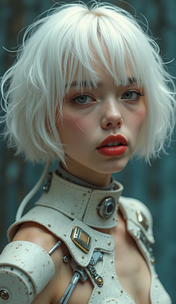 A ceramic outer body blonde cyborg, resplendent with aerolite components, carrying a gaze intense with sensuality, in a magazine-style poster collaboratively styled by Harrison Fisher, Ralph Steadman, and Tomer Hanuka, low-cut deep neckline adding an edge of allure, fitness suggested subtly in pose, digital painting, high contrast, spotlight on cyborg, stark shadows, surreal, cutting-edge technology, dynamic lines,