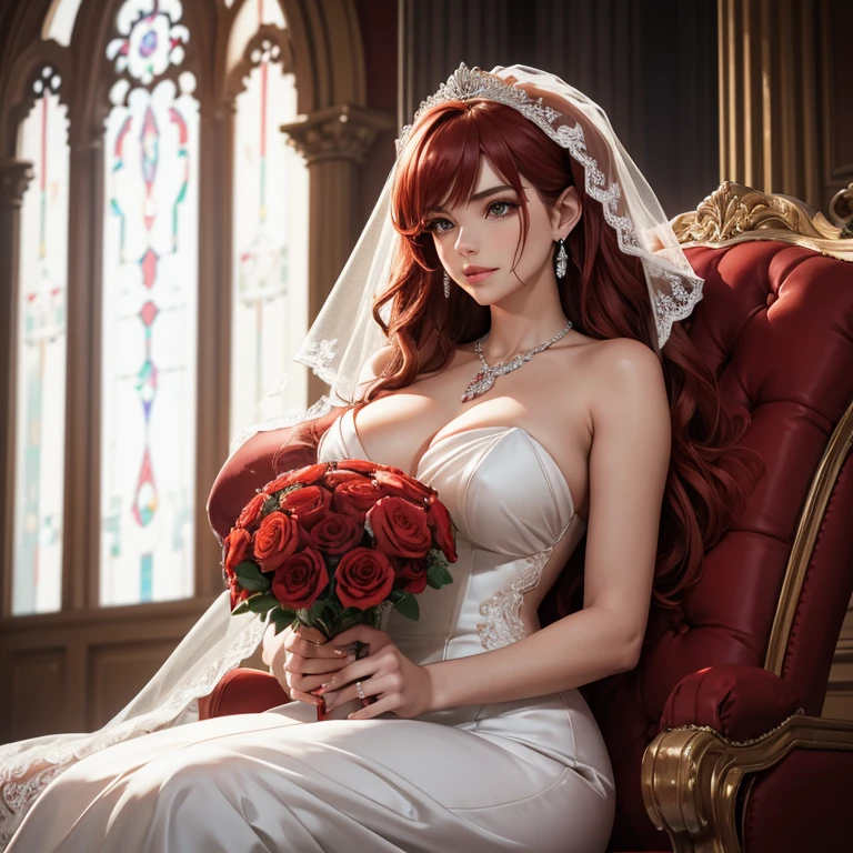 1girl, masterpiece, highres, sonicedges_rias_gremory,long red hair, ((wedding dress, room, bridal lingerie, wedding theme))