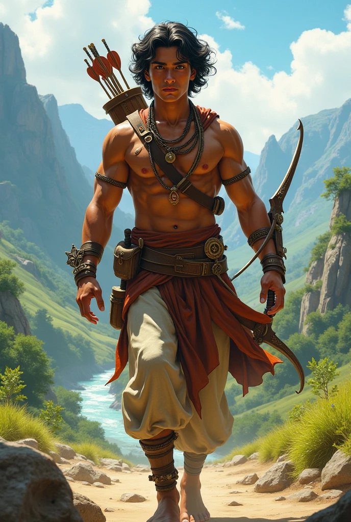 A mythologies character young king ekalavya standing with bow and arrow with fit body