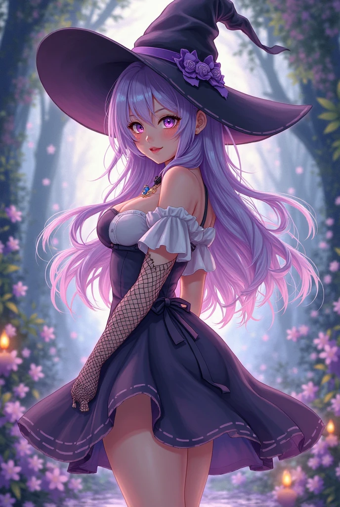 The character in this image is a female character with a cute appearance. She has long, light green hair with pink streaks and light pink eyes, which gives her a charming and lovely look. Additionally, she wears a large, mushroom-shaped witch's hat with strange and colorful patterns. The hat is a deep purple mixed with pink and has orange patterns resembling a face on the hat that looks like it's melting. This hat gives the character a mysterious air.

In terms of her outfit, the character wears a long, luxurious skirt. This dress has a combination of dark and light tones, consisting of black, purple, and dark brown. The character has a black, form-fitting top that hugs her body and is adorned with mysterious white patterns that resemble symbols or some kind of writing. Her skirt is layered and decorated with soft, white, ruffled fabric, adding an elegant touch to the character.

The character also wears long, dark black gloves with some gold patterned details, giving her a powerful and charming presence. She also wears white tights with some purple patterns. These patterns resemble silk threads wrapping around the character's legs. Finally, she wears light-colored shoes that match her overall outfit.

Overall, the character is a female character who exudes charm through her mystery and sweetness. Her attire is delicate and luxurious, blending dark and light tones harmoniously.











