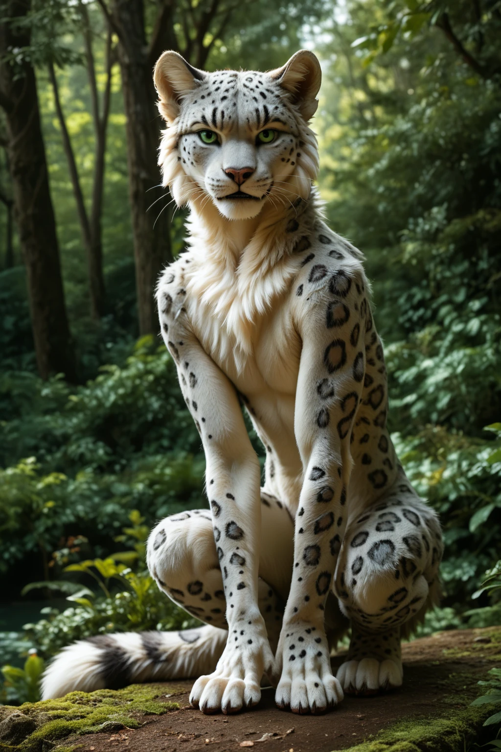 score_9, score_8_up, score_7_up, score_6_up, detailed background, full body, anthro snow leopard, stands upright and straight, front view, angry look, detailed fur, solo, high quality, furred body, fluffy, green eyes, looks at the viewer, strong pattern all over the body, summer meadow in the forest garden, highly detailed, realistic fur, photorealism, photorealistic, fighter