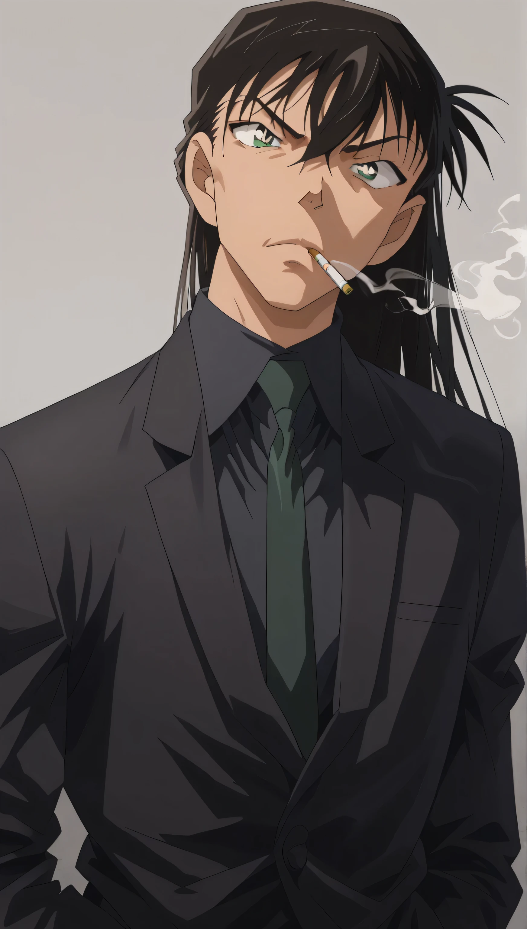 1male,solo,young,Touji Fushiguro,black hair,hair between eyes,bang,long hair,green eyes,emty eyes,Black suit,black shirt,black necktie,big muscle,serious,smoking,1cigarettes,