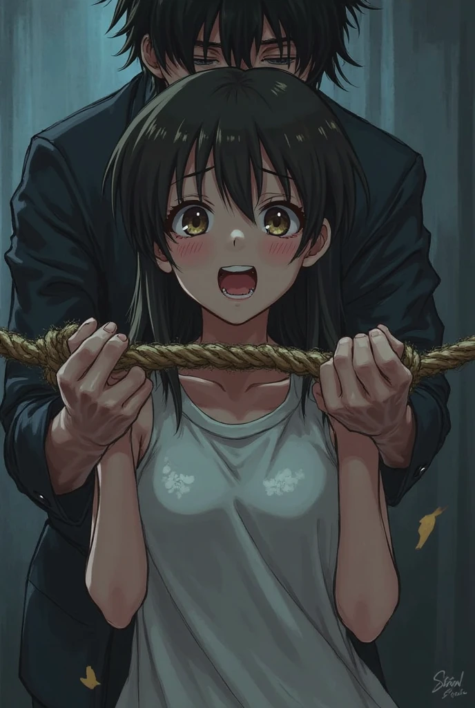Full body, Shinji Ikari (, young boy), l fours, shirtless, in shorts, thin, sweaty body, legs and arms handcuffed and restrained, arms behind the back, body tied by ropes and restrained. The boy is blindfolded with a black cloth, and tries to resist, his mouth is restrained by a sexual device (Rubber Penis) stuck in his mouth and throat. Behind Ken, there is an old man who rapes him with anal sex. The boy's face portrays fear, crying and pain. Frontal photo, perspective. In an old, dark basement