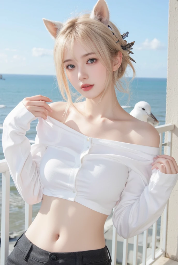 Beautiful woman with perfect figure:1.4,4K,Beach Background,Long hair,Big Breasts,cute,Ultra-high resolution,White legs,(Lifelike:1.4),Layered hairstyle,White skin,Bikini,,whole body,Very delicate face and skin texture,Double eyelids,Skin Whitening,White hair,