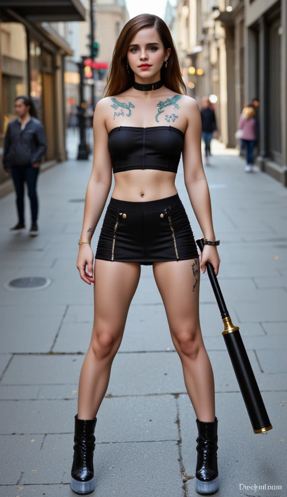 Haute couture fashion week, luxury catwalk, a front and back full body view of a adult female model in a punk-inspired outfit, dynamic pose. She is slim and gorgeous, with huge and heavy breast, and curvy wide hips. Focus on her breast.
She wears High-waisted shorts with a crop top, choker, and Doc Martens.
Her hair is styled in edgy punk manner, and she has a friendly and approachable expression. The front view shows her standing confidently, while the back view highlights the details of her outfit and hairstyle. The overall design is clean and colorful.
Solarpunk, scenery, tree, outdoors, day, buildings, hi-tech, trees, plants, flowers, grass.
Hasselblad Photography, fashion photography, award winning photograph, best quality, masterpiece, highly detailed, perfect face, great cinematic lighting, octane render, ultra-detailed, depth of field, smooth, sharp focus, vibrant colors, detailed shadows, artgerm, trending on artstation, digital painting, by Stanley Artgerm Lau, WLOP, Rossdraws, James Jean, Andrei Riabovitchev, Marc Simonetti, and Sakimichan, official art, unity 8k wallpaper, HDR, 4k, 8k, HD.