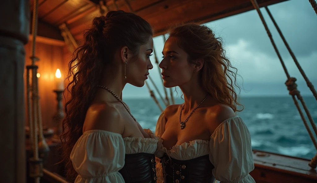 (realistic)(Fantasy Style) Two female pirates with long flowing hair, one red haired and one raven haired, wearing leather and lace wedding dresses, being married by a preacher, standing facing each other holding hands on the deck of a large ship, the sea and small waves in the background, sun dipping below the horizon, warm inviting colors, romantic ambiance, radiant skin, peaceful and nurturing expressions, full bodies, dynamic poses, life size, perfect anatomy, detailed skin texture, full HD, 4K, HDR, perfect anatomy, depth of field