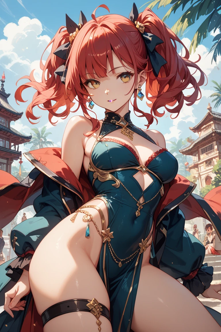 (MASTERPIECE), (Best Quality), (Super Detail), Official Art, One Girl, Lori with Pale Red Hair, Petite Little Girl, Loli, Red and Gold See-Through Dress, Sleeveless, Off Shoulder, Small, Very Small, Small, Cleavage, Thigh Focus, Navel, Card Illustration, Fire