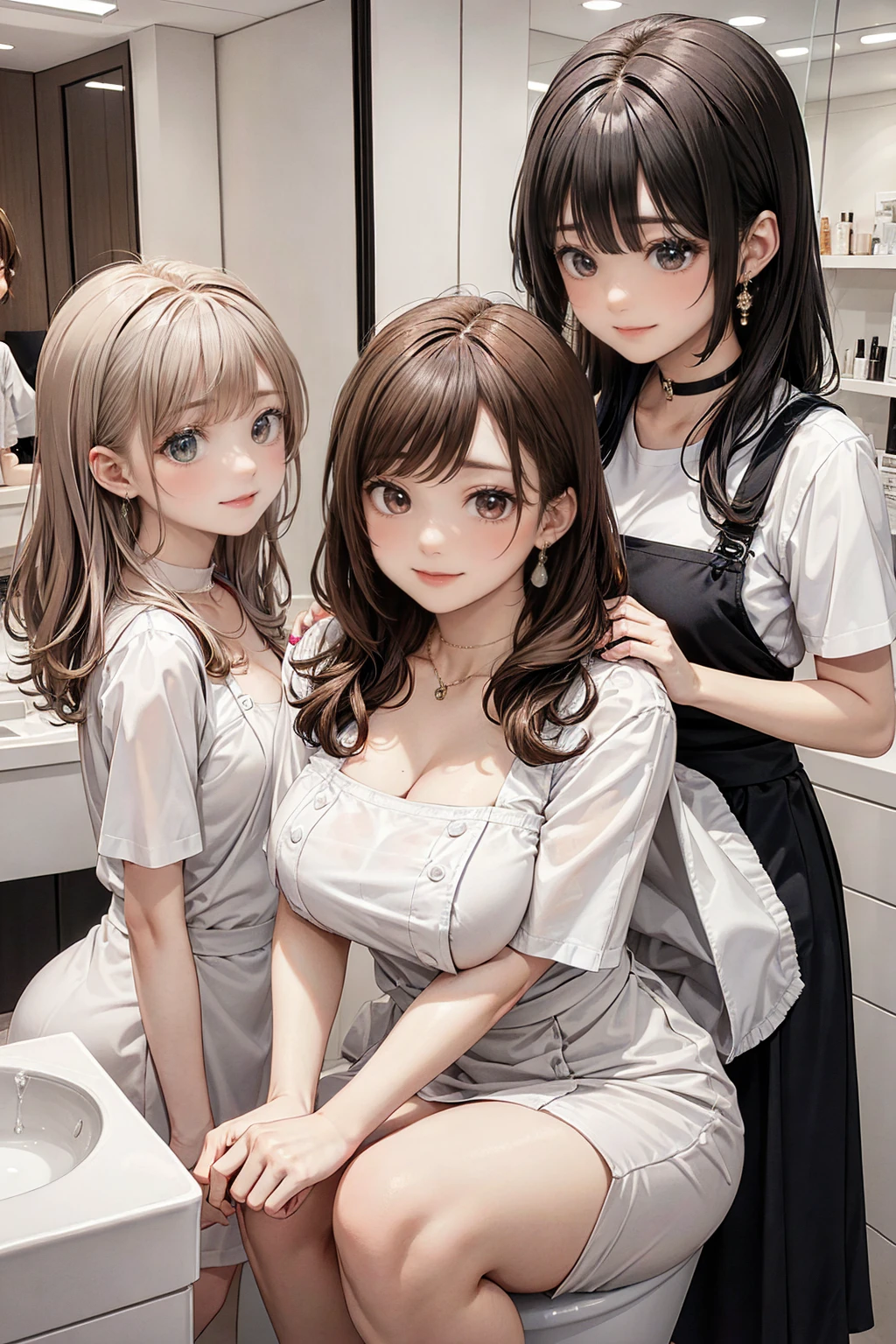 perfect anime illustration, 100girls, all girls are sisters, sisters crowded together, sisters in background, matching hairstyles, rich sisters, brown hair, blonde hair, curly hair, matching hairstyle, hazel eyes, smiling, ((matching outfits, casual clothes)), highres, full body