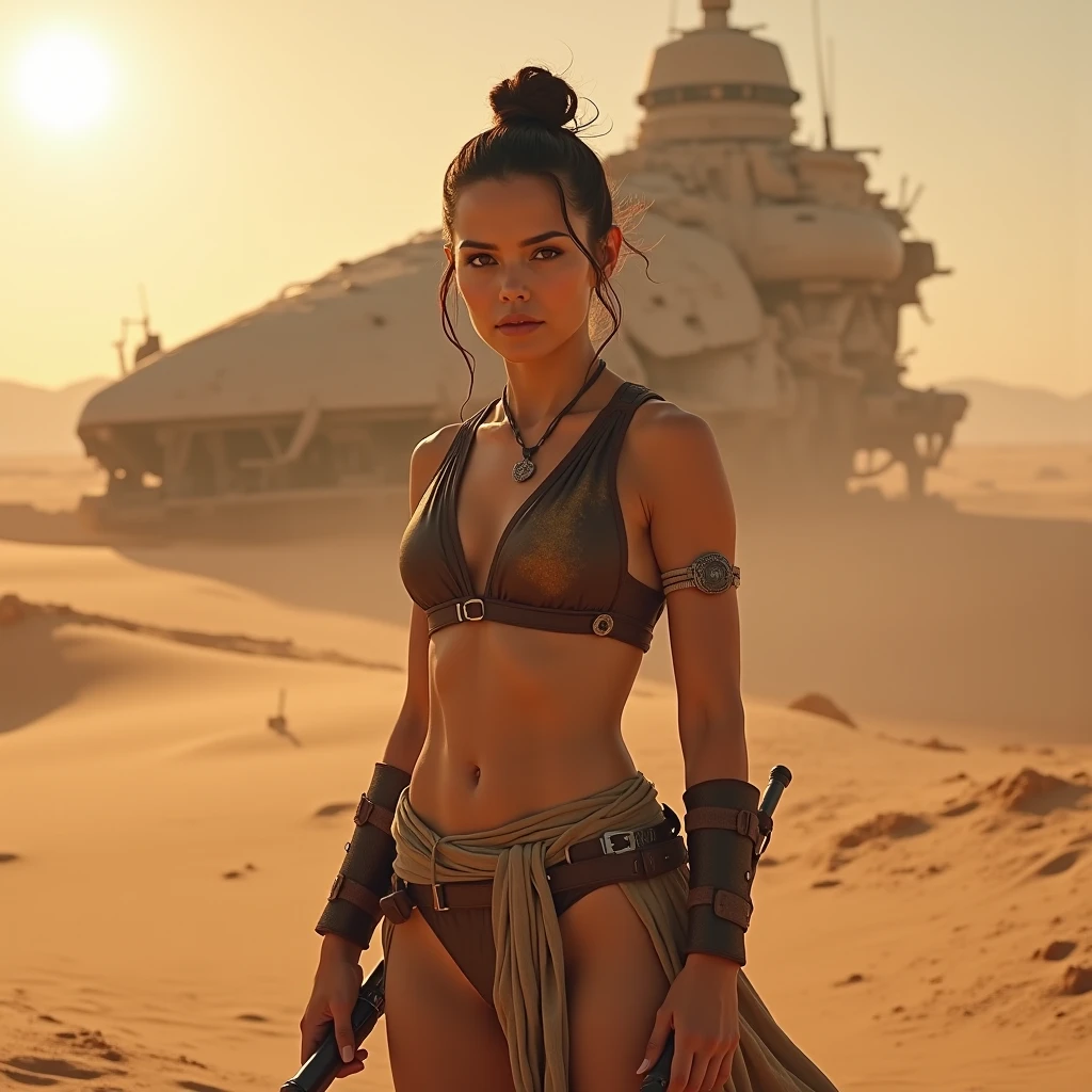 Emma Watson post apocalyptic style. Muddy. dirty. sexy. goth makeup. Ragged chlotes. hidden eroticism. strong but slim body, detailed face. Angry, sand, wasteland, desert, mud. Weapon,