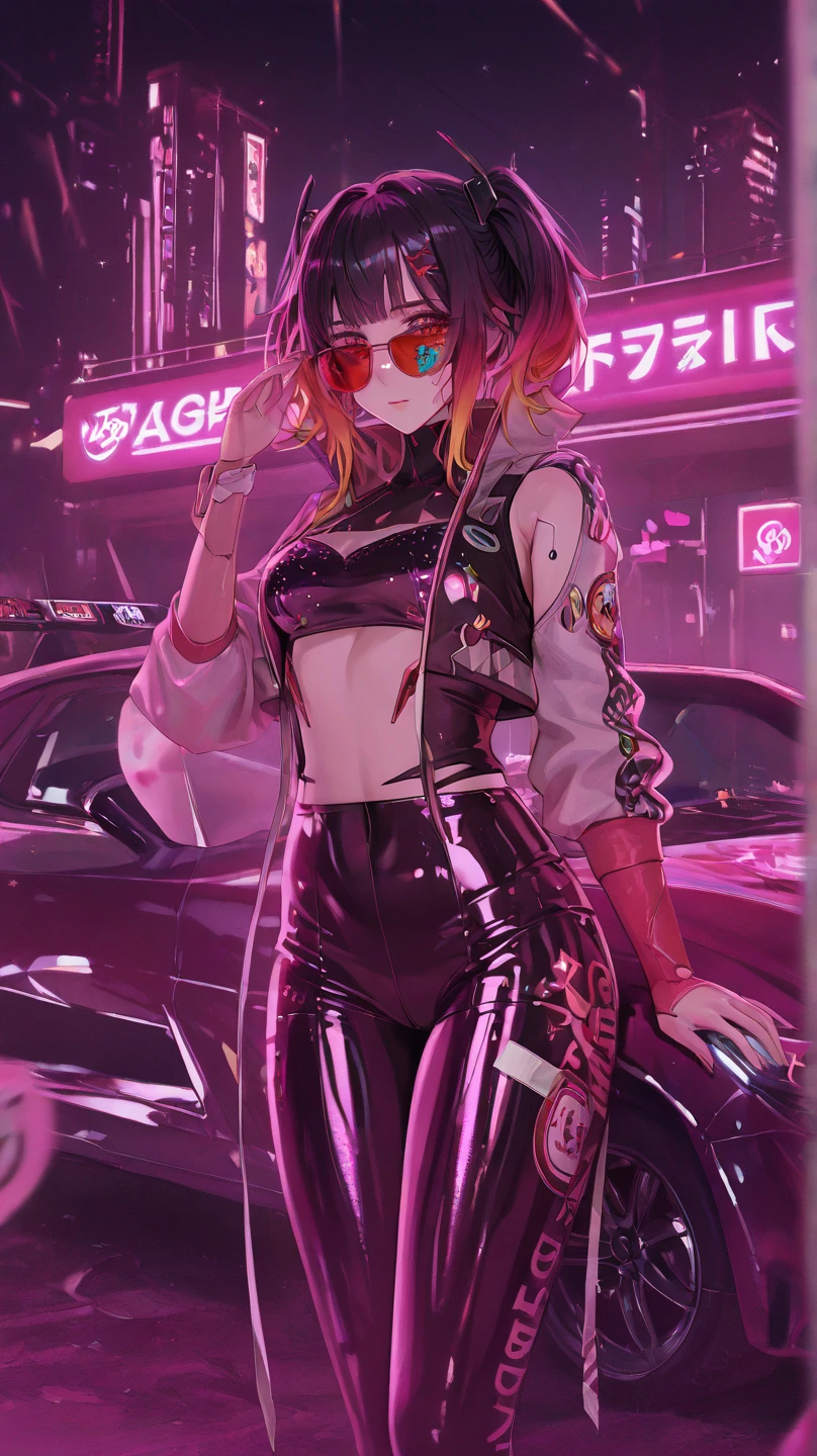 Theme Cyberpunk pink picture, Beatiful girl leaning on a delorean outside of car, smoking a cigarette ,have blue eyes , long pink hair, wearing pink glasses tip of the nose, wearinng  black leather clothes and black leather gloves, at the night, pink and blue lights around tthe streets and stores --auto --s2