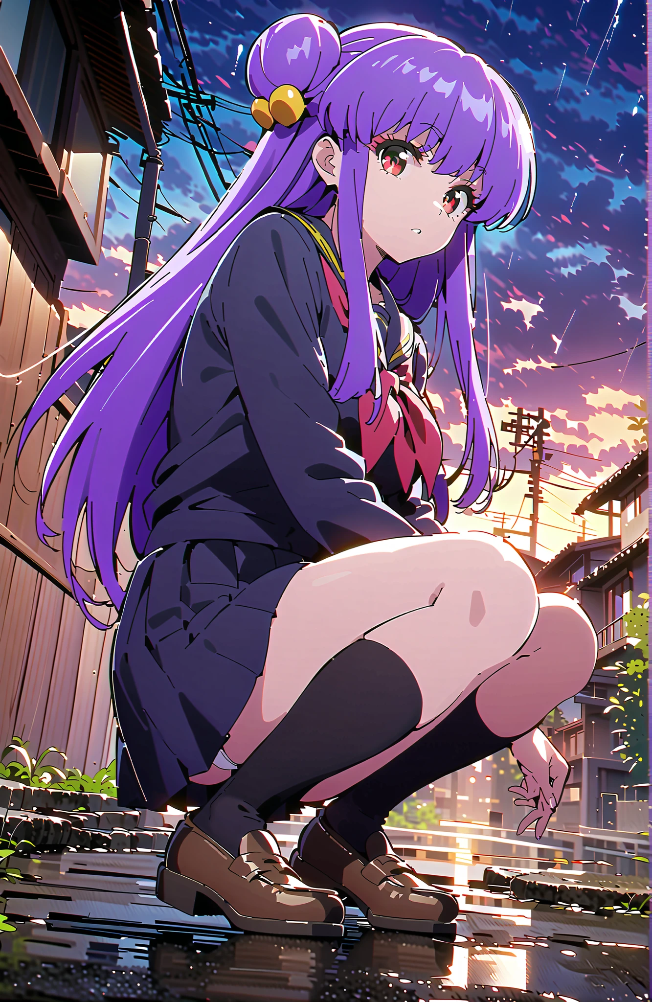 score_9, score_8_up, score_7_up, source_anime, shampoo, shampoo (Ranma 1/2), long hair, hair ornament seen from the side, Red Eyes, purple hair, hair bun, double bang, Medium breast, Black Sailor Suit, black mini pleated skirt ,Black thigh high socks,loafers,white panties,squatting,umbrella,angle from below,rain,cloudy,full bodyがillustrationsに入るように,in their 40s outdoors, residential area,
in their 40s looking at viewer,full body,
in their 40s (masterpiece:1.2), best quality, high resolution, Unity 8k 壁紙, (illustrations:0.8), (beautiful detailed eyes:1.6), highly detailed face, perfect lighting on the table, extremely detailed CG, (perfect hand, perfect anatomy),