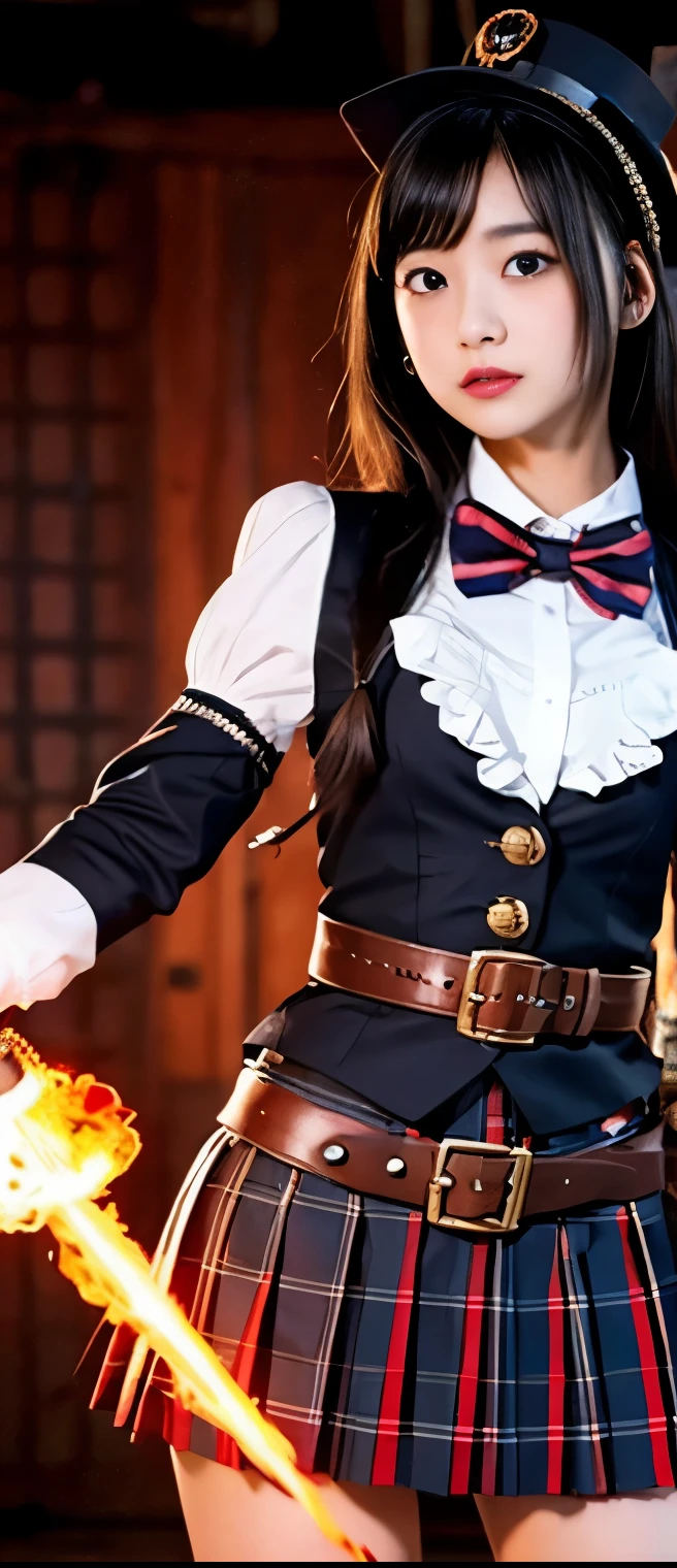 cool nightmare idol girl、A pure girl's face、 hypo、、steampunk trickster uniform(Red Checkered Pleated Miniskirt)、、Ghost Belt 、Glowing Scythe of Fire、