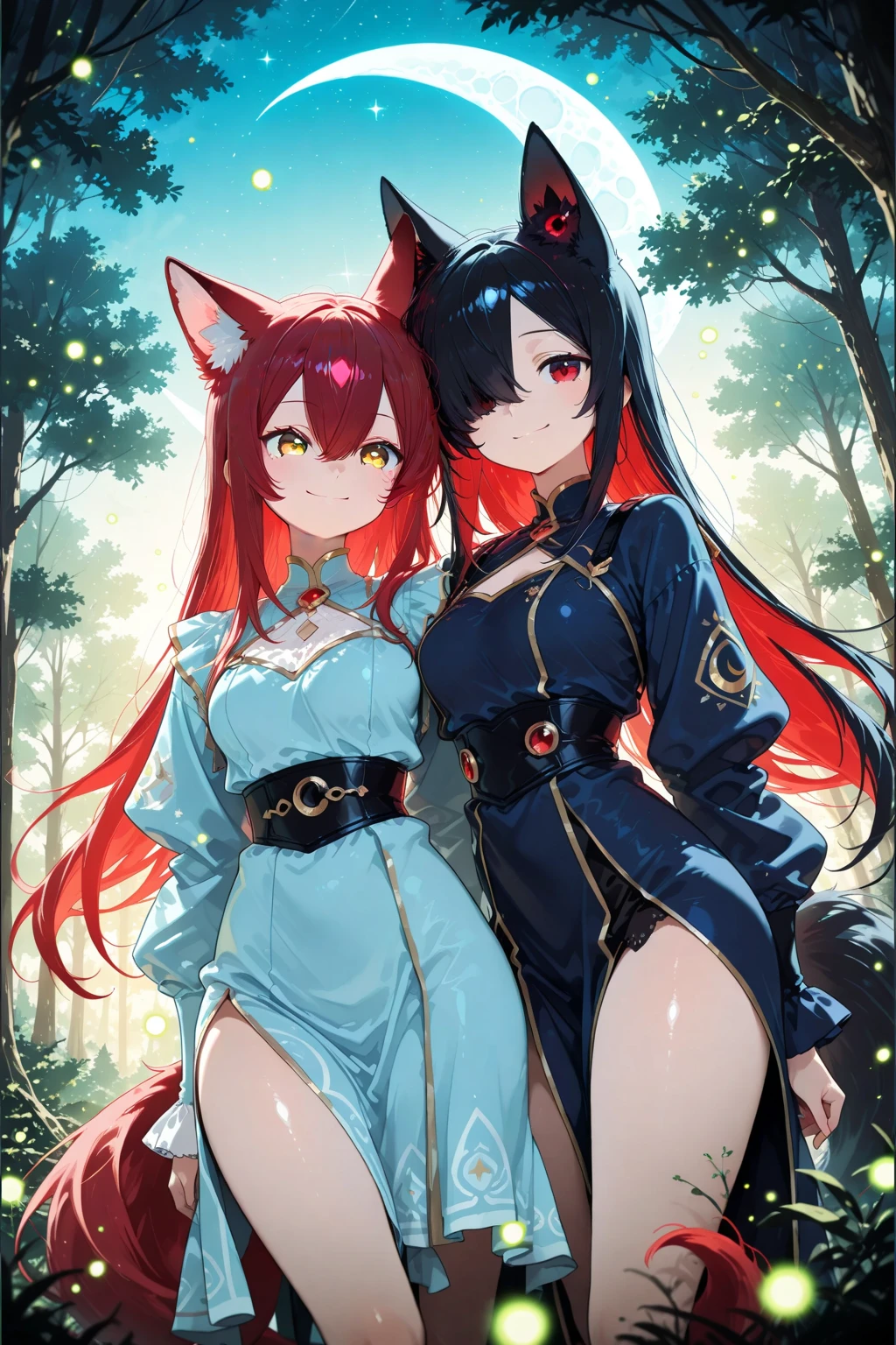 Dynamic Angle, 8k, Thick Paint 5, Movie Scene, Perfect ???????, Detailed Face, Ultra Detailed Eyes, Upper Body, 2 Girls, Smile, Wolf Ears, Wolf Tail, Pink Eyes, Hair Between Eyes, Striped Hair, Striped Hair, (((Colorful Hair Color: 1)))), (Random Hair Color: 1))), Colorful Hairstyle: 2, ((Perfect Fingers, Perfect 5 Fingers)))), D Cup, Cleavage, Upper body, 1 girl, smile, wolf ears, wolf tail, pink eyes, hair between eyes, striped hair, variegated hair color: 5, jewels at the ends of the hair, twin tails, (in thin pajamas with fluttering chest: 15), cute embroidered pajamas, AI super luxurious bedroom and cute interior: 5, (on bed: 15) on all fours, looking at the viewer embarrassedly and laughing, turn around from behind, blush, stars, moon,