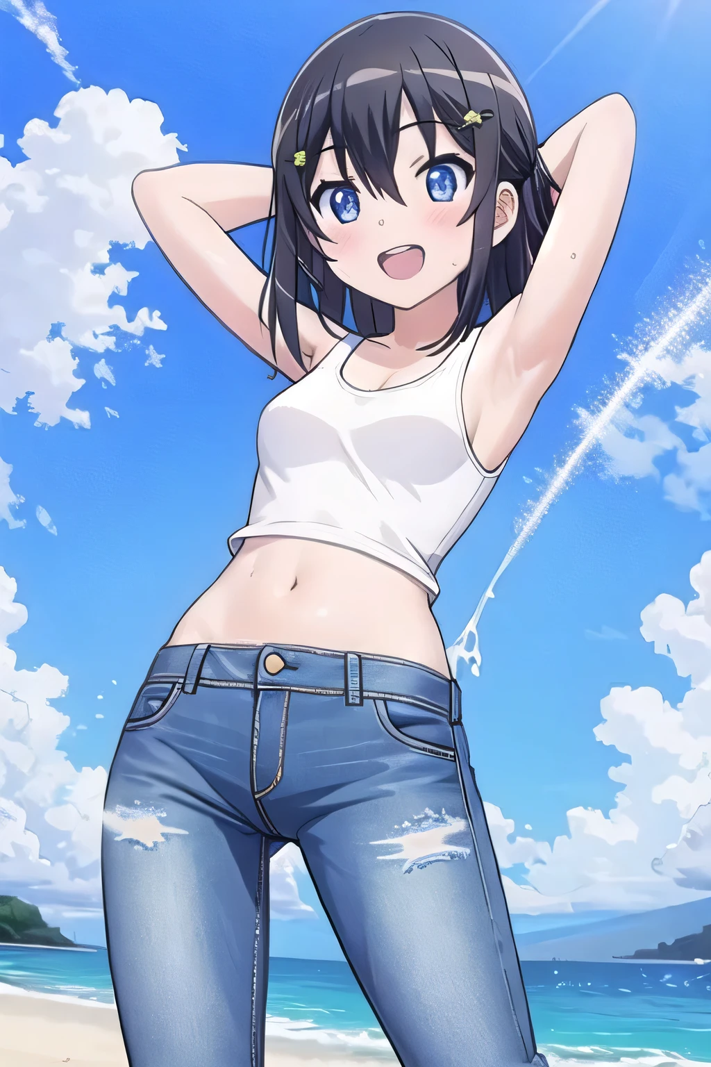 masterpiece, best quality, ultra detail, ((Perfect Face, perfect eyes, perfect hair, perfect arm)), 1girl, , petite, ((round face, ecstasy, orgasm face, drooping eyes, shame smiling, blush)), dropping eyes, sleepy, Open mouth, ((White teeth)), background((under the beach, (day:1.2), ocean, bright sky)), kanzaki tomoyo, (blue eyes:1.2), (black hair:1.2), crossed bangs, hair between eyes, hair ornament, (medium hair:1.9), (straight hair:1.7), ((arms behind head:1.4)), ((contrapposto)), spread armpits, looking at viewer, (white tank top:1.2), (white crop top:1.2), (jeans pants:1.2, flares jeans:1.2, skinny jeans:1.2, blue jeans:1.2), standing, (legs spread:1.4), sexy pose, Sweaty crotch, Steam from the crotch, from below, whole body
