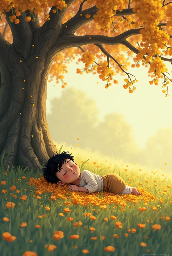 Boy is lying on the forest floor, eyes closed, pretending to be unconscious.