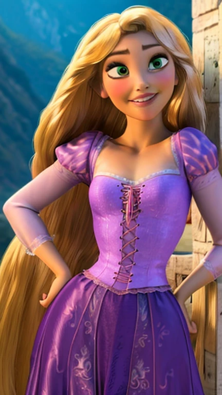 I. A round image is required with Rapunzel at the center, and the text "Feliz cumpleaños Adyeri ❤️" encircling the image:

1. Vibrant and colorful, made with anime painter studio, Smooth CG Art, Realistic, Unparalleled beauty,
2. Rapunzel, the beautiful long-haired heroine, sits in the center, her curvaceous figure adorned with a seductive smile,
3. The image radiates a gentle warmth with intricate patterns, red blush on her sparkling cheeks, and shiny skin,
4. The background is a whimsical scene of a l