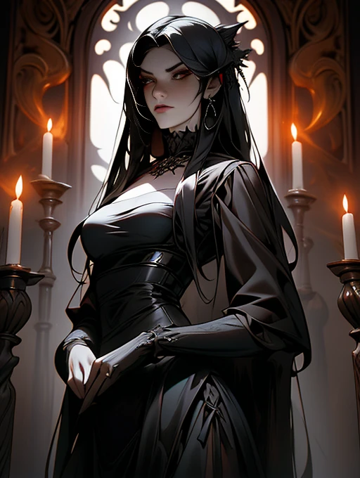 solo, (sophisticated dress:1.0), black dress ((masterpiece)),((high resolution)), ((best quality)), extremely fine and beautiful, super fine illustration, (realistic skin), (insanely detailed anime eyes), detailed face, vivid and beautiful, shocking sensation, incredibly detailed, beautiful detailed woman, supple breasts, front view, facing at viewer, black hair, (morticia addams), black eyes, (see-through:0.5), covered, ((black hair)), (very long hair), profile, sitting, plump breasts, plump thighs, wide hips, movie lighting, perfect shadow, realistic lighting shaded, red lips, (upper body), (big hips), looking at viwer