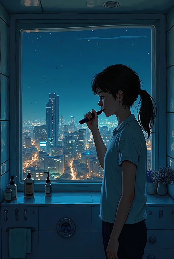 night、Girl listening to music in a cozy room, Use headphones, 2D Style Anime, Rain outside the window、Analog Color Theme、Ghibli style、neon, naked, completly naked, close up, detailed background, chill, detailed outdoor, detailed face, city light