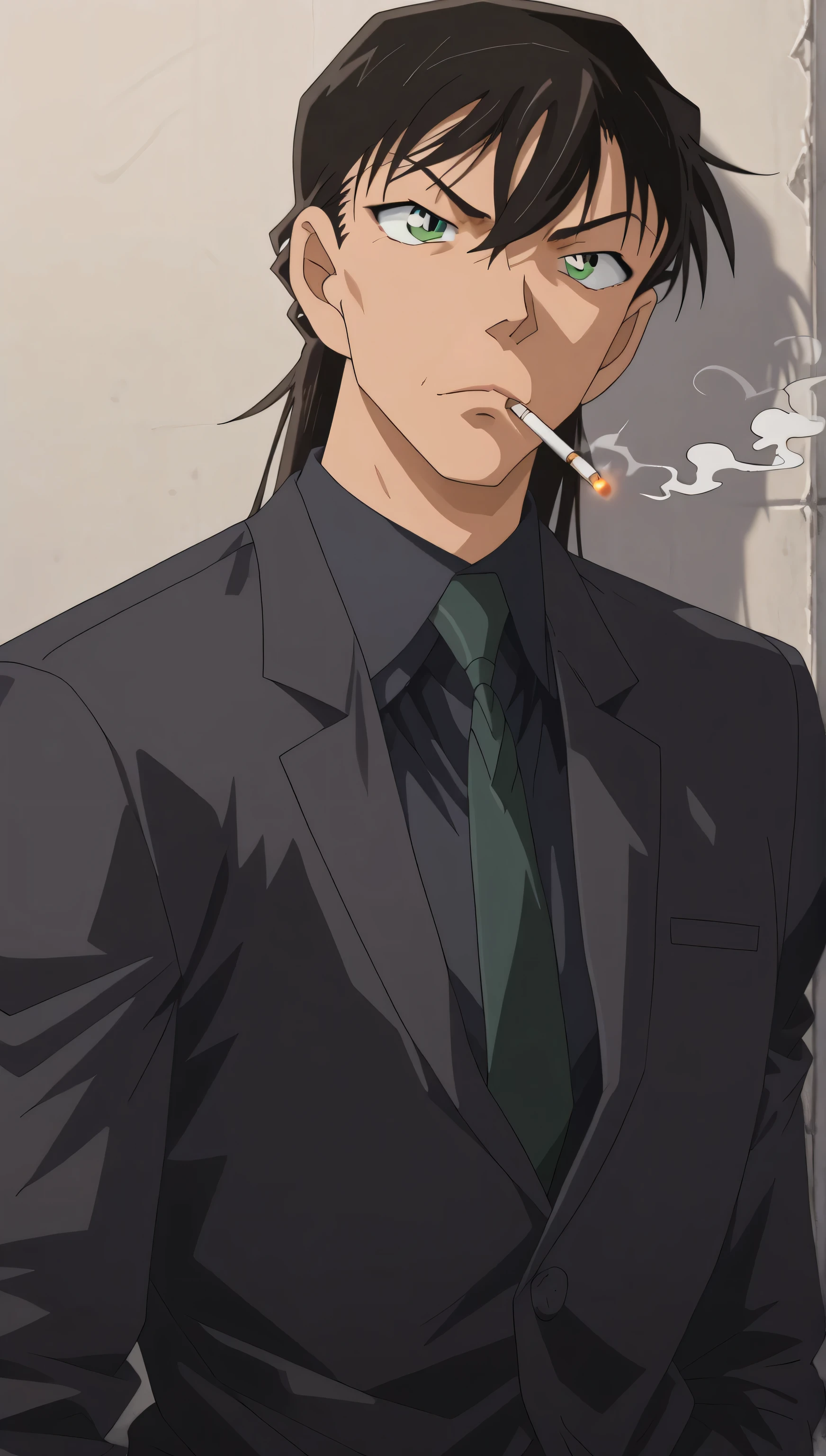1male,solo,young,Touji Fushiguro,black hair,hair between eyes,bang,long hair,green eyes,emty eyes,close left eyes,Black suit,black shirt,black necktie,big muscle,serious,smoking,1cigarettes,