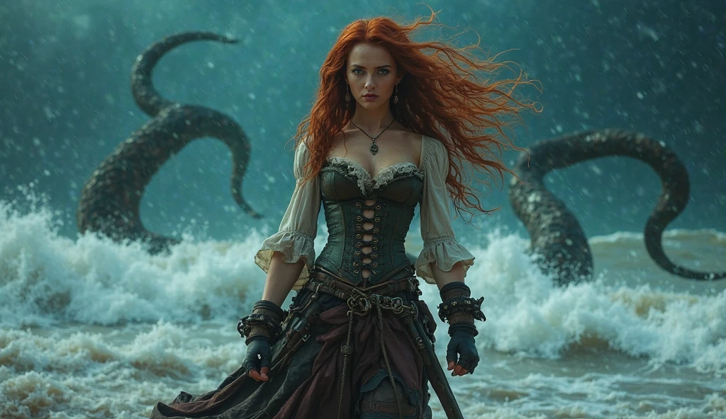 asian woman, long red hair, big boobs and butt, fighting with katanas, against a giant octopus in the air 
