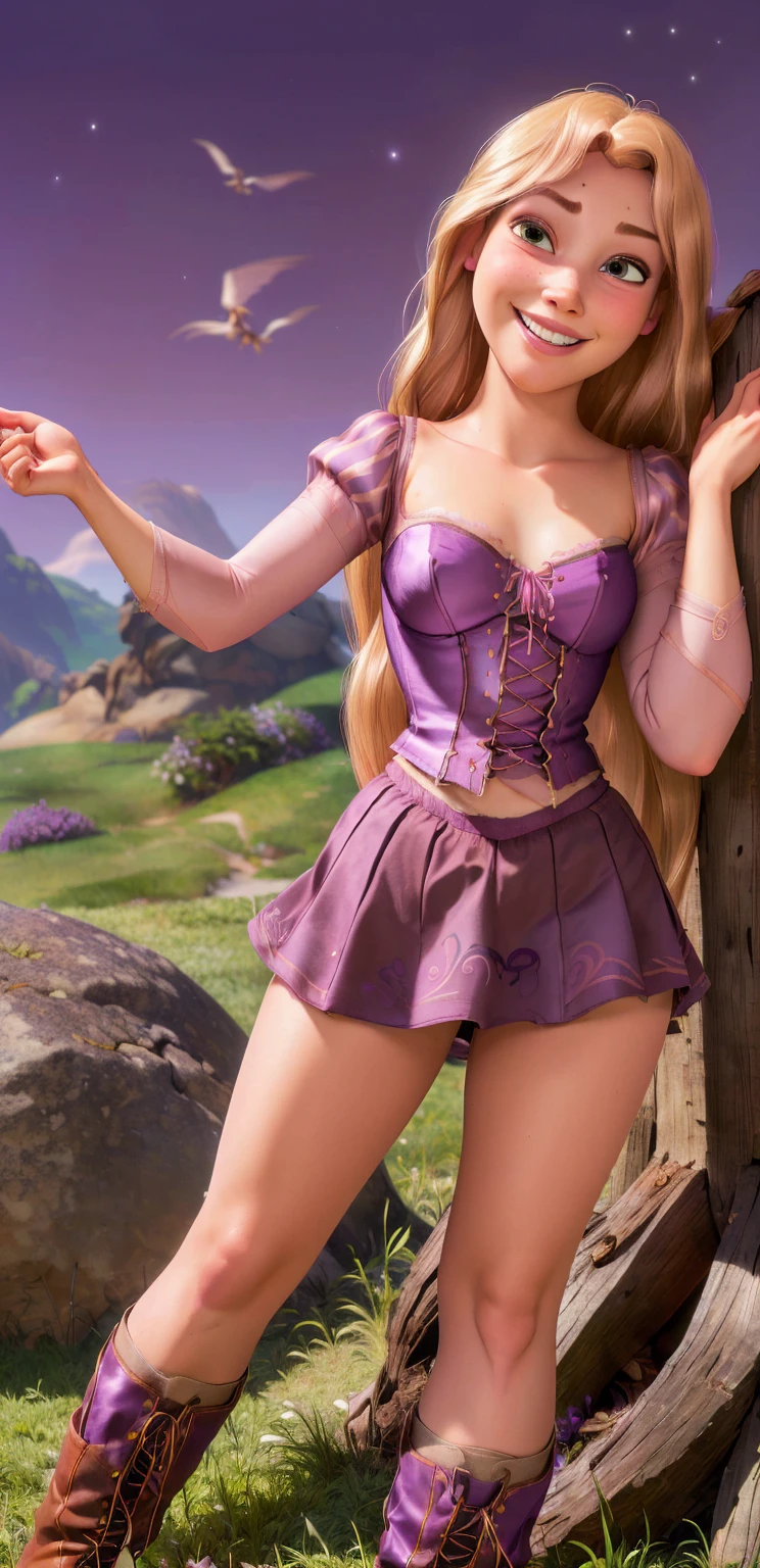 Rapunzel wearing a white tight caffarena and white thigh high socks. White heels. green pattern loose skirt. 