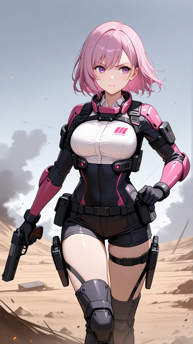 ((melhor qualidade)), ((obra de arte)), (4k)), ((UHD)), (detalhado), big , cleavage, military suit, short hair, pink hair, desert, day, holding gun