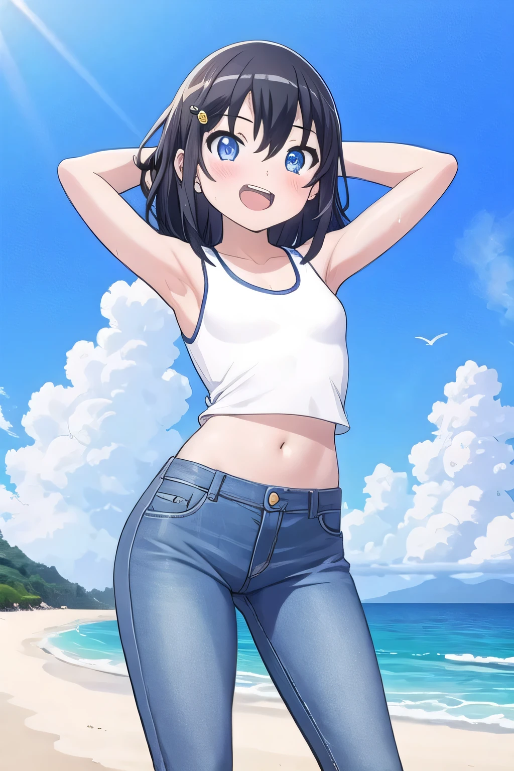masterpiece, best quality, ultra detail, ((Perfect Face, perfect eyes, perfect hair, perfect arm)), 1girl, , petite, ((round face, ecstasy, orgasm face, drooping eyes, shame smiling, blush)), dropping eyes, sleepy, Open mouth, ((White teeth)), background((under the beach, (day:1.2), ocean, bright sky)), kanzaki tomoyo, (blue eyes:1.2), (black hair:1.2), crossed bangs, hair between eyes, hair ornament, (medium hair:1.9), (straight hair:1.7), ((arms behind head:1.4)), ((contrapposto)), spread armpits, looking at viewer, (white tank top:1.2), (white crop top:1.2), (jeans pants:1.2, flares jeans:1.2, skinny jeans:1.2, blue jeans:1.2), standing, (legs spread:1.4), sexy pose, Sweaty crotch, Steam from the crotch, from below, whole body