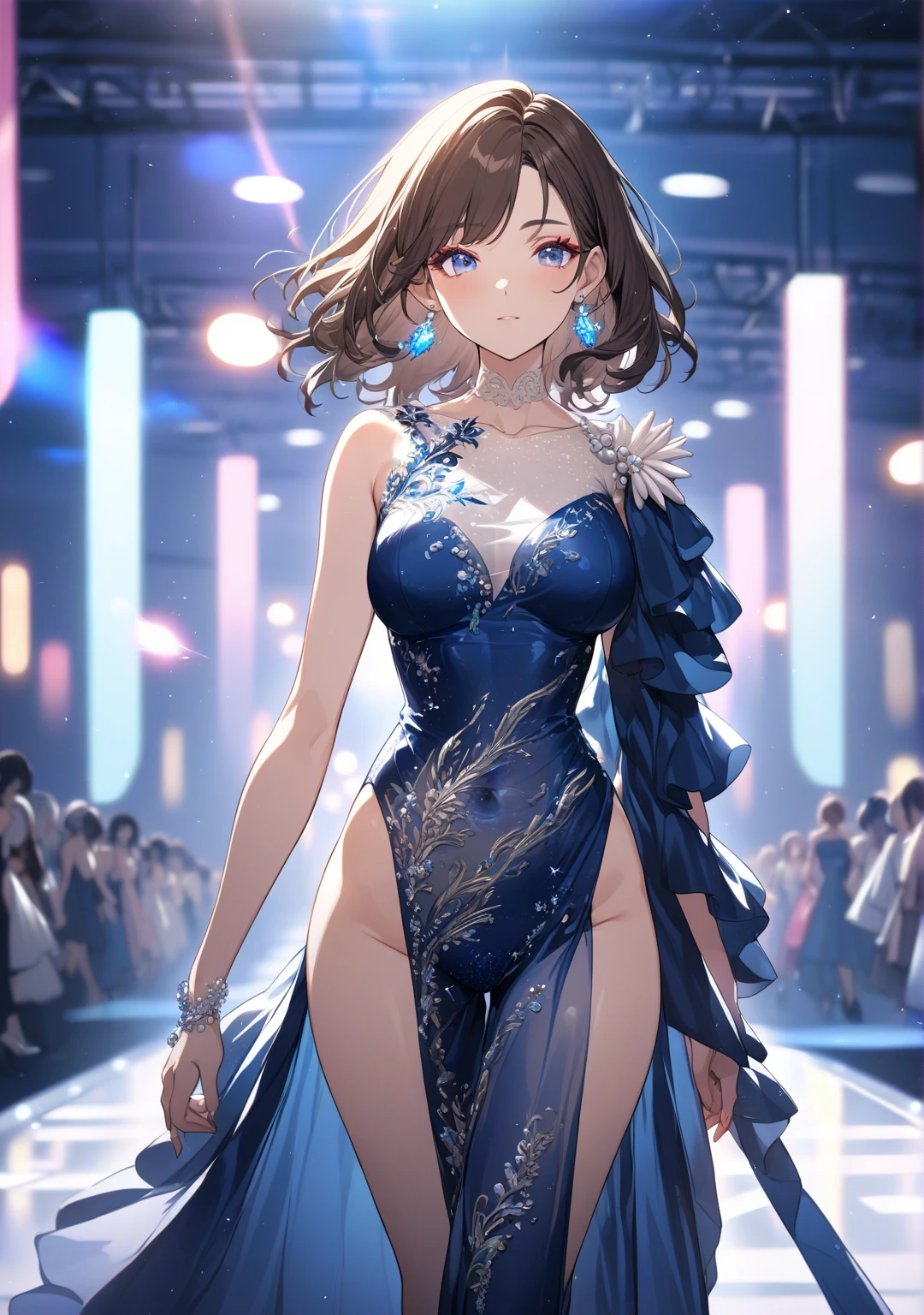top-quality、Full limbs、complete fingers、One beautiful woman、Beautiful Large Breasts、short-hair、bobhair、Brown hair、Race Queen Costume、A big smile、motor show、Event Venues