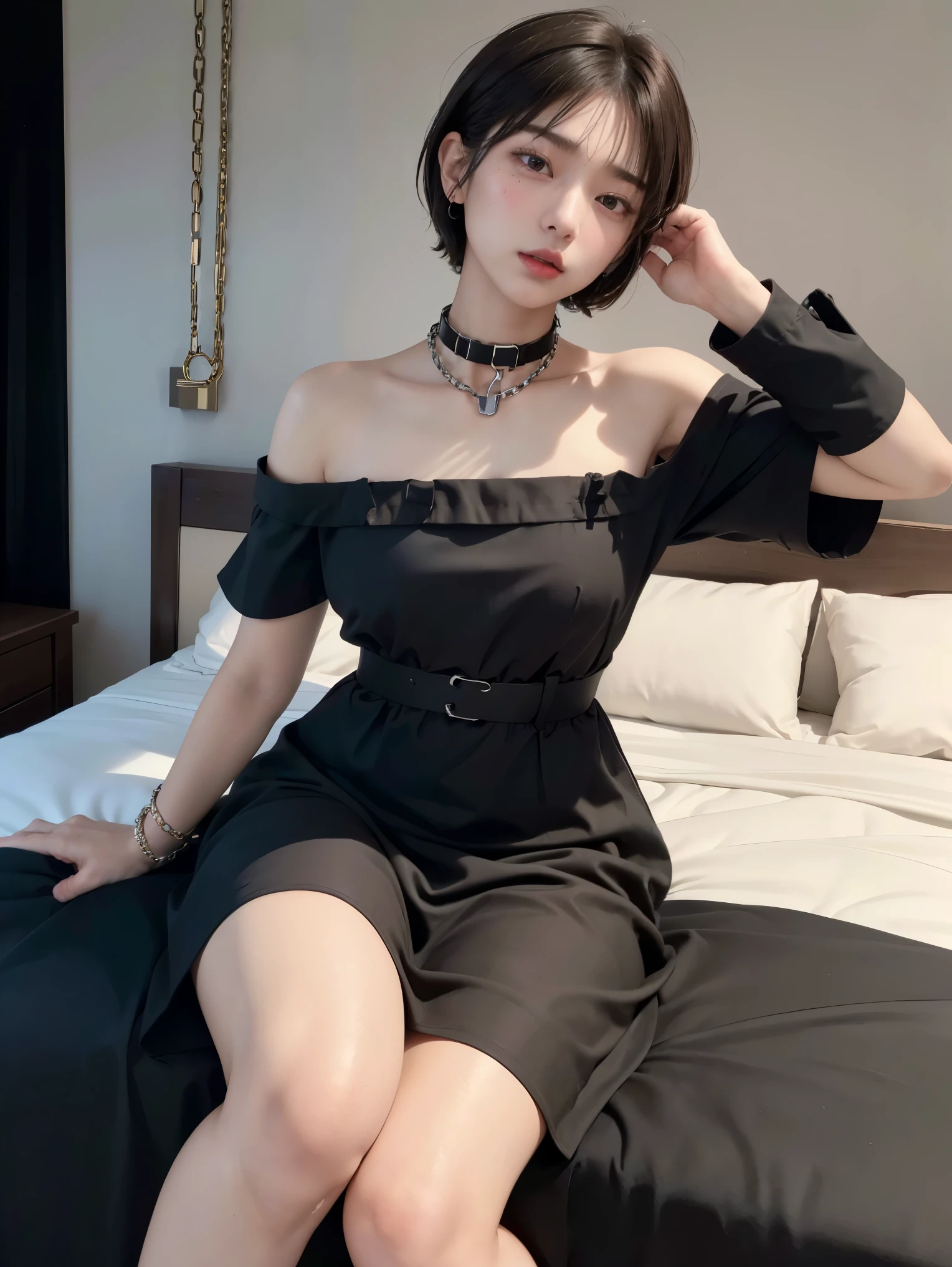(Androgynous beautiful man:1.3)、(Bob Hair)、(best quality:1.4)、(masterpiece:1.4)、((masterpiece))、 RAW photos 、8k、((best image quality))、 ((high resolution))、brown hair、(Thick chain collar:1.3)、 black party dress、Long dress、Off Shoulder、(sexual excitement)、(sexual feelings)、Sex Appeal、bed、(Teaching beautiful boy about female sexuality)、