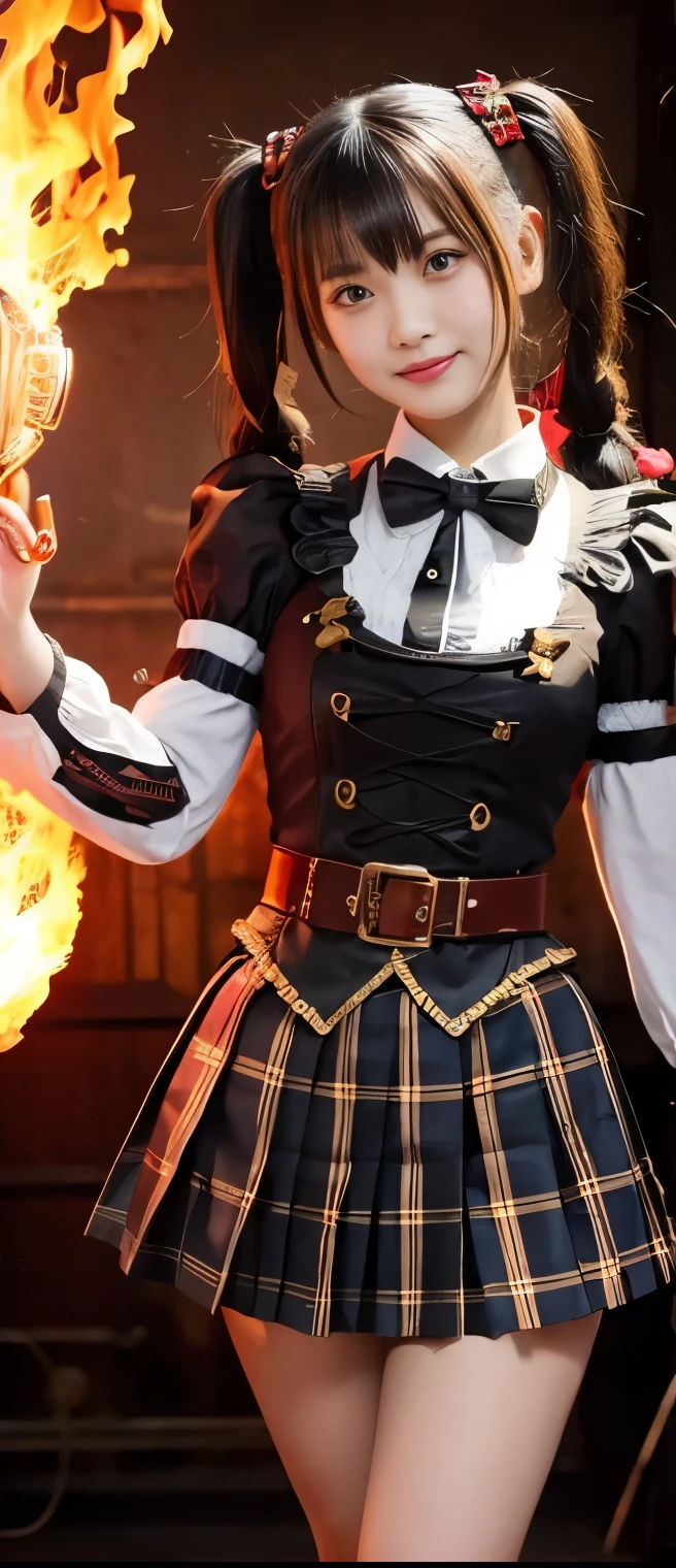 cool nightmare idol girl(pigtails)、A pure girl's face、 hypo、、steampunk trickster uniform(Red Checkered Pleated Miniskirt)、、Ghost Belt 、Glowing Scythe of Fire、