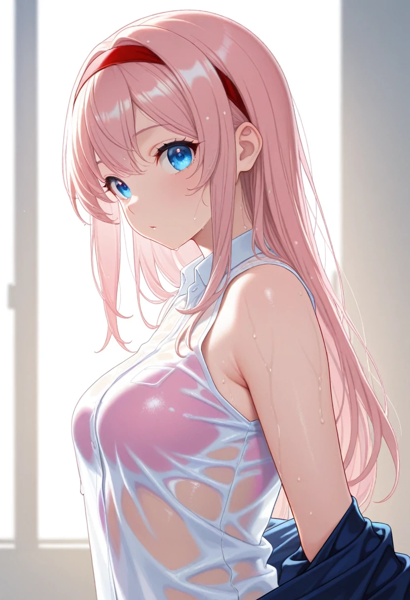glowart: 1.0), (bright, sketch, drawing: 1.0), 1girl, bangs, blue eyes, blush, collarbone, hair between eyes, long hair, looking at the viewer, bra, open mouth, pink hair, portrait, shiny, shiny hair, side ponytail, solo, wet, wet hair