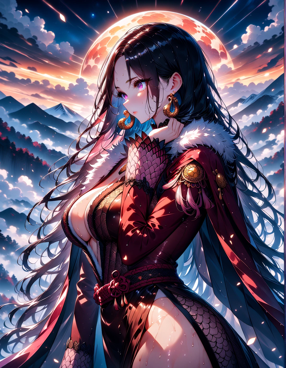 medieval setting, full view of body, 1 skinny female with large breast, beatiful smokey green eyes, black hair pinned up, off-shoulder strapless midi dress, red scarf around her neck, eerie sunset