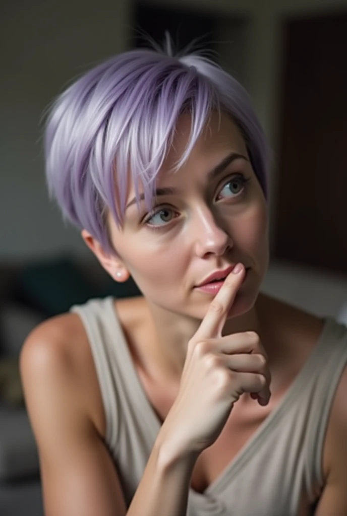 <lora:aratama_v2:0.9>, aratama, 1girl, solo, purple hair, realistic photo of a woman, grey tanktop, surprised expression, headshot, low angle, diagonal view