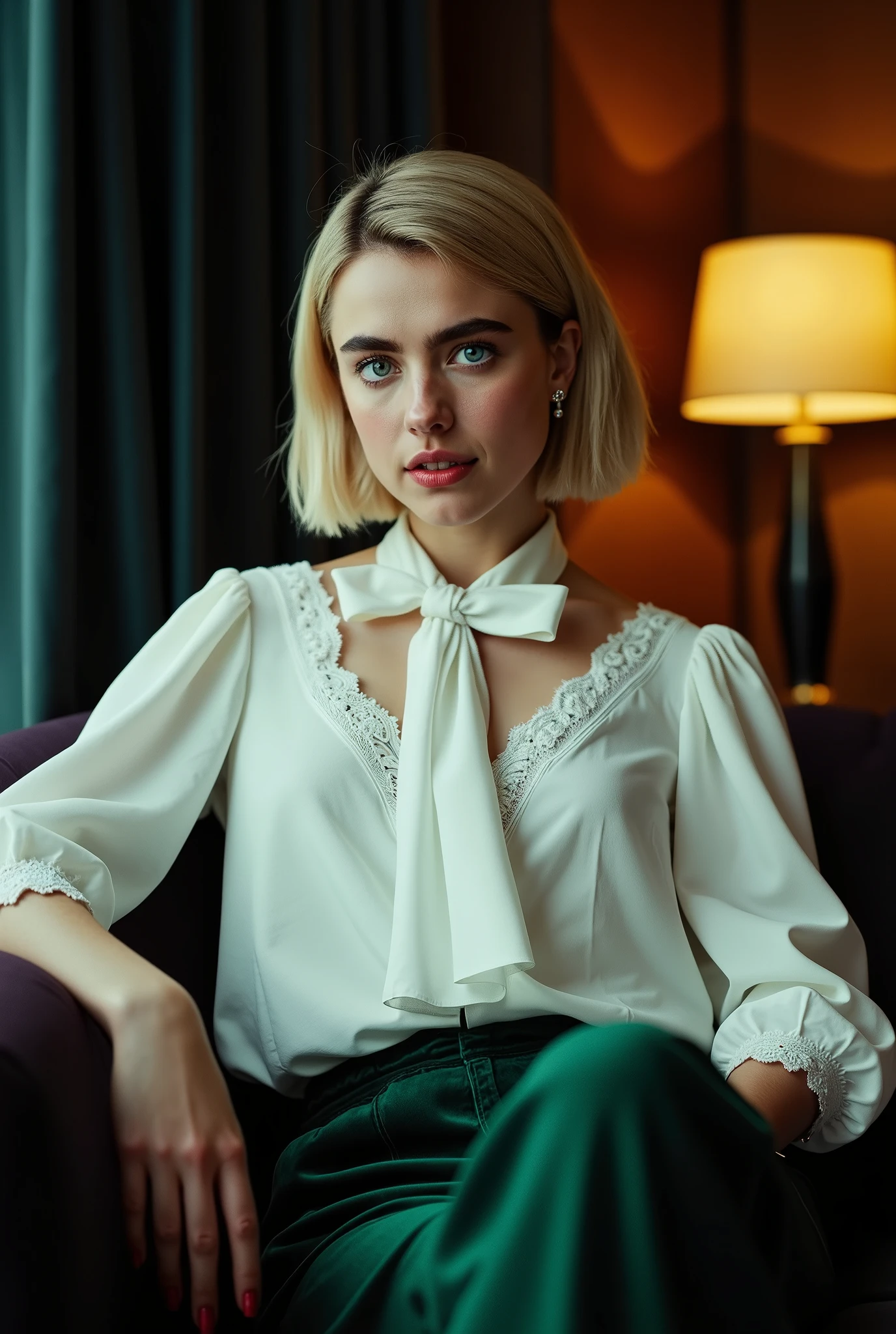 Photorealistic portrait of a stunning young Caucasian woman in her early twenties, seated in a luxurious hotel suite at night. She has a symmetrical face with a high forehead, piercing blue eyes, full lips, and thick natural brunette eyebrows. Her hair is completely dyed blonde, with no dark roots or strands. It is styled in a smooth, straight, classic bob, side-parted, with one side tucked neatly behind her ear, revealing a subtle earring. She wears a white long-sleeve blouse with an intricate flounced front and a graceful bow tie, paired with elegant dark green velvet pants. Her makeup is subtle and refined, and her nails are painted a classic red. The mood is cinematic and intimate. She looks directly at the viewer with a mysterious expression. The setting is a luxurious hotel suite with dark, upscale furnishings and warm ambient lighting. The composition features a visually engaging angle or pose that adds depth and intrigue.