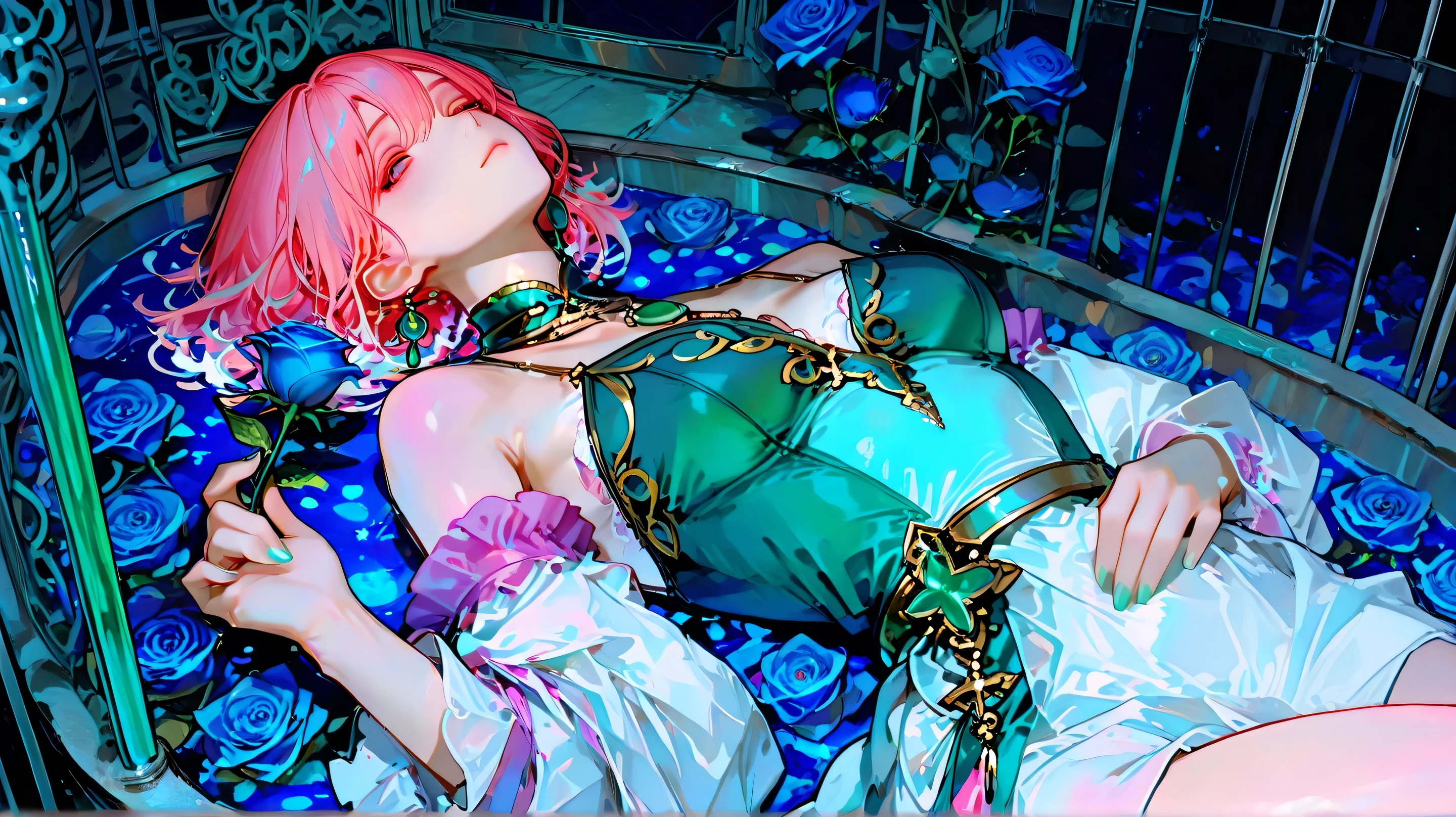 Masterpiece, Best Quality, Top Quality, Very Detailed, 1 girl, score_9, score_8_up, score_7_up, The floating garden is her prison—a beautiful cage made from stolen dreams. Every blue rose is rooted in a lie she's told to survive. Her elegant dress is woven from the last threads of her true form; the more she entertains guests in this paradise, the more her reflection fades. Those emerald jewels aren't ornaments but soul cages, each holding a fragment of someone who discovered the truth. The open sky? A painted dome. The real horror isn't that she's trapped—it's that part of her has started to love the gilded falsehood.