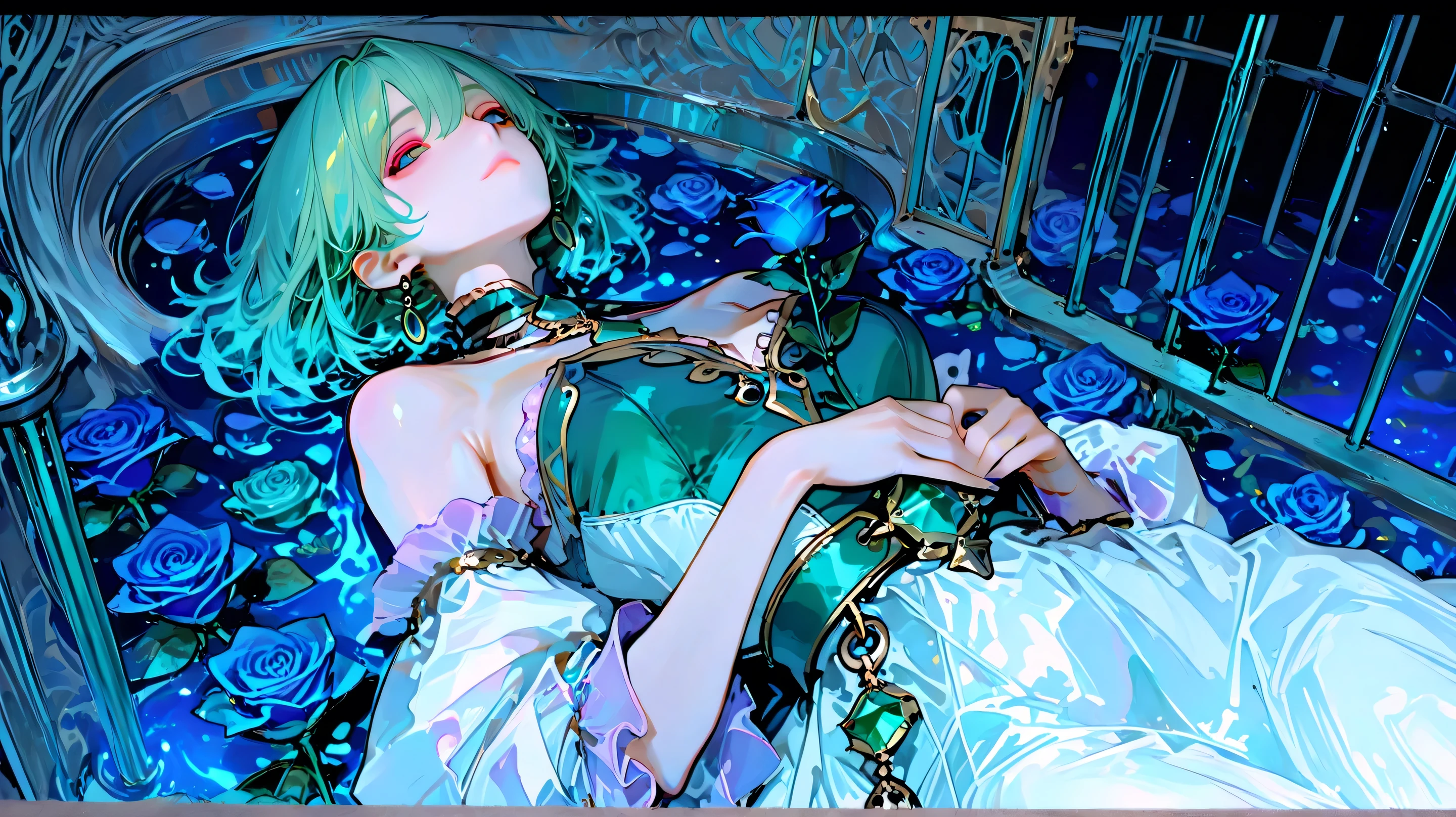 Masterpiece, Best Quality, Top Quality, Very Detailed, 1 girl, score_9, score_8_up, score_7_up, The floating garden is her prison—a beautiful cage made from stolen dreams. Every blue rose is rooted in a lie she's told to survive. Her elegant dress is woven from the last threads of her true form; the more she entertains guests in this paradise, the more her reflection fades. Those emerald jewels aren't ornaments but soul cages, each holding a fragment of someone who discovered the truth. The open sky? A painted dome. The real horror isn't that she's trapped—it's that part of her has started to love the gilded falsehood.