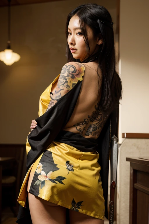 A highly realistic 8K image of a fierce and confident female yakuza. She has long black hair styled elegantly, adorned with traditional Japanese hair accessories. Her back is turned slightly to the camera, showcasing intricate and detailed tattoos that cover her back and shoulders, featuring mythical creatures and traditional Japanese motifs. She is dressed in a partially open kimono, revealing the stunning artwork on her skin. The lighting casts dramatic shadows, highlighting the textures and colors of her tattoos. The background is a blurred urban setting, allowing the focus to remain on her powerful and commanding presence.