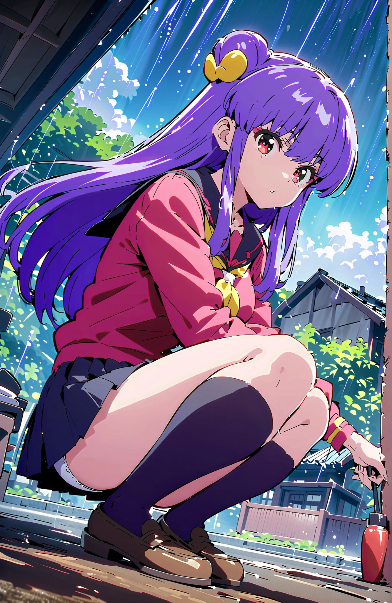 score_9, score_8_up, score_7_up, source_anime,  shampoo, shampoo (Ranma 1/2), long hair, hair ornament, Red Eyes, purple hair, hair bun, double bang, Medium breast, Black Sailor Suit, black mini pleated skirt ,Black thigh high socks,loafers,white panties,squatting,umbrella,angle from below,rain,cloudy,full bodyがillustrationsに入るように,in their 40s outdoors, residential area,
in their 40s looking at viewer,full body,
in their 40s (masterpiece:1.2), best quality, high resolution, Unity 8k 壁紙, (illustrations:0.8), (beautiful detailed eyes:1.6), highly detailed face,  perfect lighting on the table, extremely detailed CG, (perfect hand, perfect anatomy),