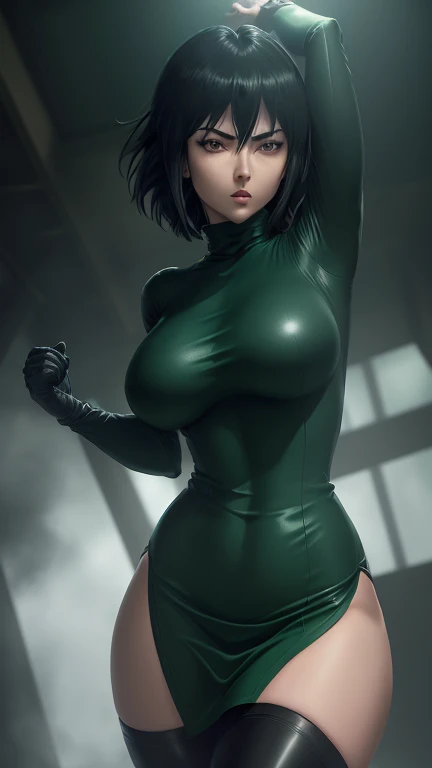 From below，Woman in dark green tight latex clothes，byself，Stand up，Hands were hoisted，（（gigantic cleavage breasts）），Huge stacked breasts，（Surreal breasts ）（（Extremely full breasts）），（（Super large）），Big breasts Thin waist，（（（Extremely large breasts））），worried expression，seductiv