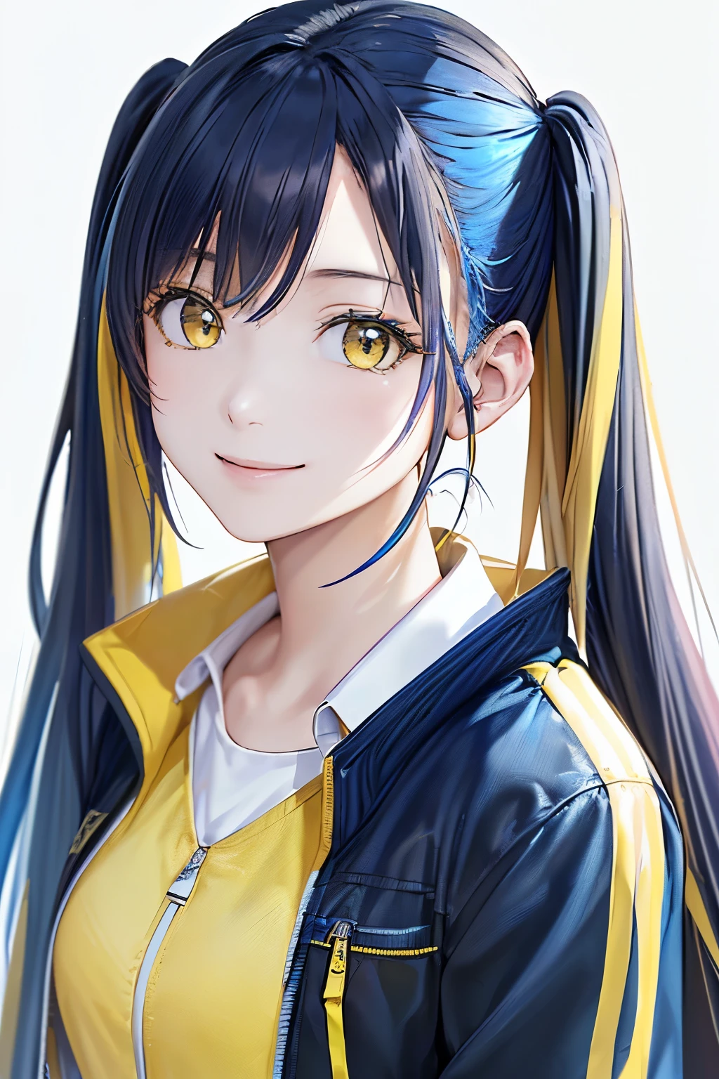 (top-quality、8K、32K、masterpiece、nffsw:1.2)、(Raw photography)、(realisitic)、(Photorealsitic:1.2)、(hight resolution)、ultra-detailliert、extremely beautiful face and eyes、1girl in、round small face、big breasts thin waist、Delicate body、(a closeup、top-quality、high detailing、rich skin detail、nffsw)、(Best Quality、8K、Oil Painting、masutepiece:1.2)、Ultra-detailed、(Realistic、Photorealistic:1.37)、Vibrant colors、(((Wear a fashionable oversized jacket))、(((Wearing a oversized jacket)))、(((Black jacket))、(((cleavage of the breast)))、(((I have ((blue and yellow)) hair)))、(((very long ((blue and yellow)) hair)))、(((The navel is visible)))、(((It's an upper body shot)))、(((White wall background)))、(((Her hairstyle is twintails)))、(((Wearing a oversize jacket)))、(((Hairstyle is twin tail)))、(((White background)))、(((serene expressions)))、(((The face is flushed)))、(((I'm smiling)))、(((Female face)))、(((I'm wearing a necklace)))、(((I have ((blue and yellow)) hair mith pink mesh)))、(((Hair is tied at the sides of the head)))