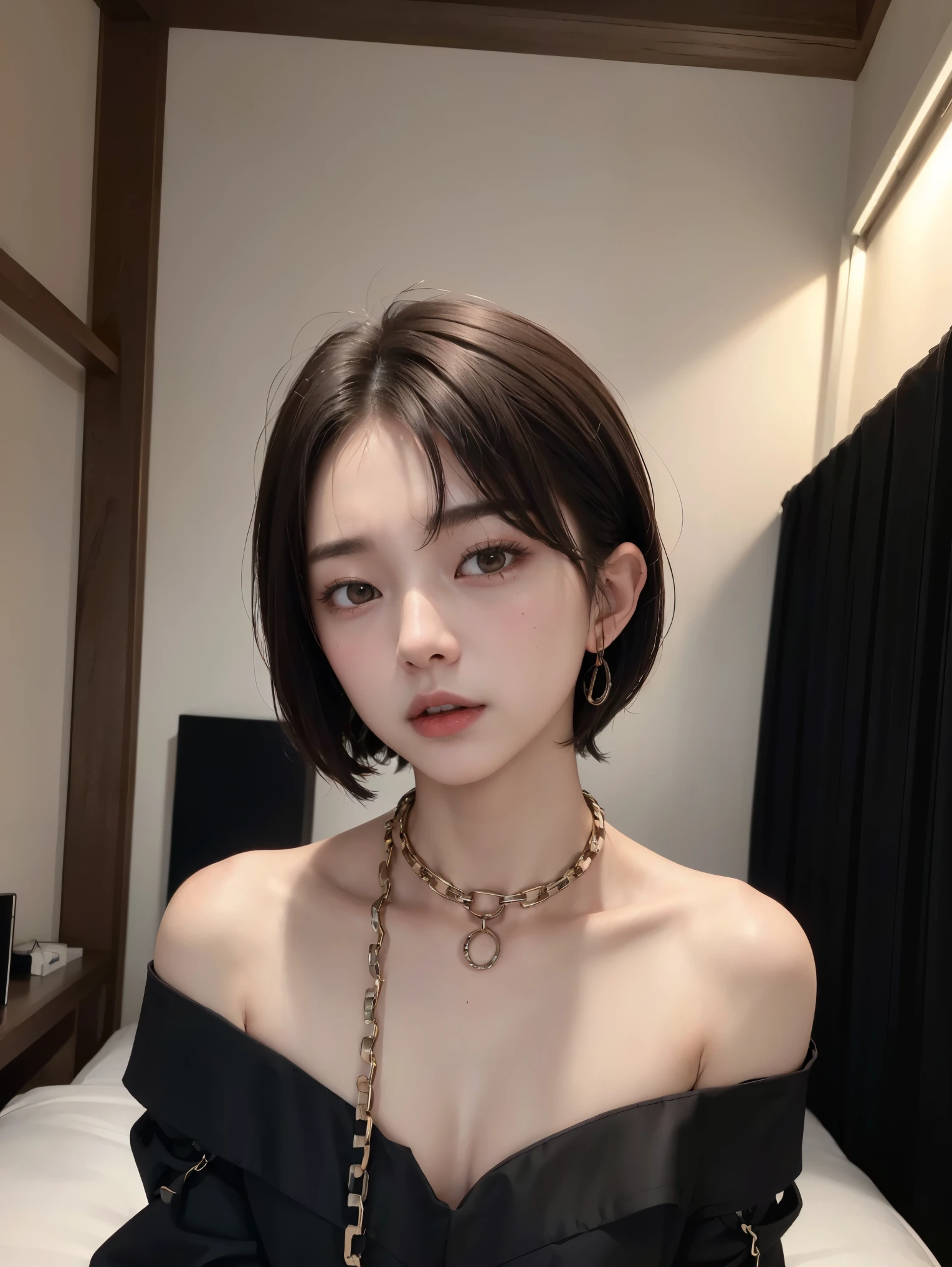 (Androgynous beautiful man:1.3)、(Bob Hair)、(best quality:1.4)、(masterpiece:1.4)、((masterpiece))、 RAW photos 、8k、((best image quality))、 ((high resolution))、brown hair、(Thick chain collar:1.3)、 black party dress、Long dress、Off Shoulder、(sexual excitement)、(sexual feelings)、Sex Appeal、bed、(Teaching beautiful boy about female sexuality)、