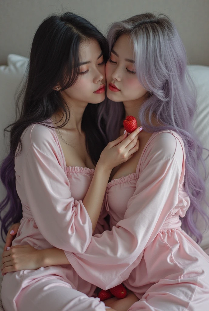 (yuri), 2 Girls lying on the bed, White haired girl and pink haired girl, strapless bra, (cleavage, under breasts, side breasts), (kissing: 1.2), white haired girl on the right inserts artificial penis purple into the vagina of the pink-haired girl on the left, Blush , Huge expanse of petals, flowing, melting, many petals floating
Oily skin, thin volume, [nsfw:4.8] Petals on cleavage, petals on stomach, expression of passion, expression of holding back pee from pink haired girl, sexual pleasure