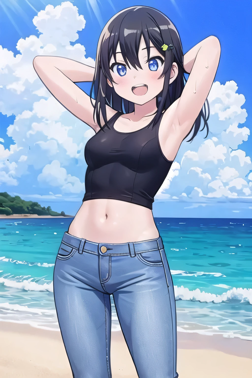 gine, 1girl, sunlight, solo, closed, blue sky, black hair, black eyes, islands, ocean, bare shoulders, medium breast, cowboy shot, short hair, looking at viewer, smile, looking at viewer, spiked hair, high-waisted jeans, a white off-the-shoulder lace crop top, beach, left hand on hips, standing up