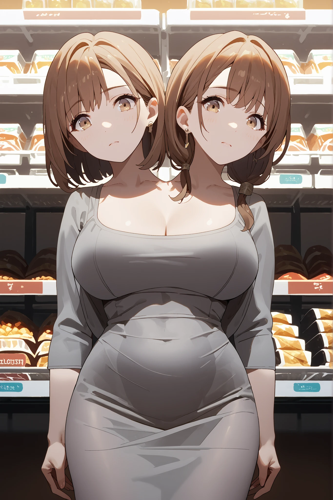 conjoined, 2girls, 2heads, two heads, a tall thin girls with 2 heads, brown hair, grey dress, dongtan dress, black pantyhose, large breasts, front shots, standing, shop