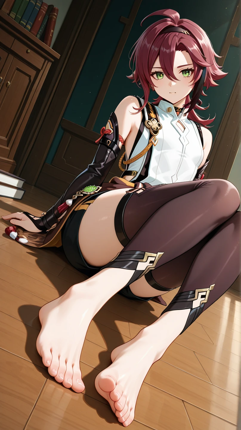 1girll,Arms behind your head, l looking_at_viewer, upper legs, the bow, shackle, BDSM, shackle, ropes, shackle, gaggage, Shibari, bound_arms, ball_gag, shibari_over_clothes,looking at viewert, bucket-hat, Witch hat, brown hair, short detailed hair, red eyes, a black choker, 鎖骨, flatchest, off the shoulder dress, shift dresses, Red dress, Brown cape, longer sleeves, black glove, Fingerless gloves, obi strip, Brown belt, Golden decoration, Zetai Long Iki, dent in the skin, (Asymmetrical legs:1.6), mismatched legwear,(bandaged leg:1.3),black thighhigns