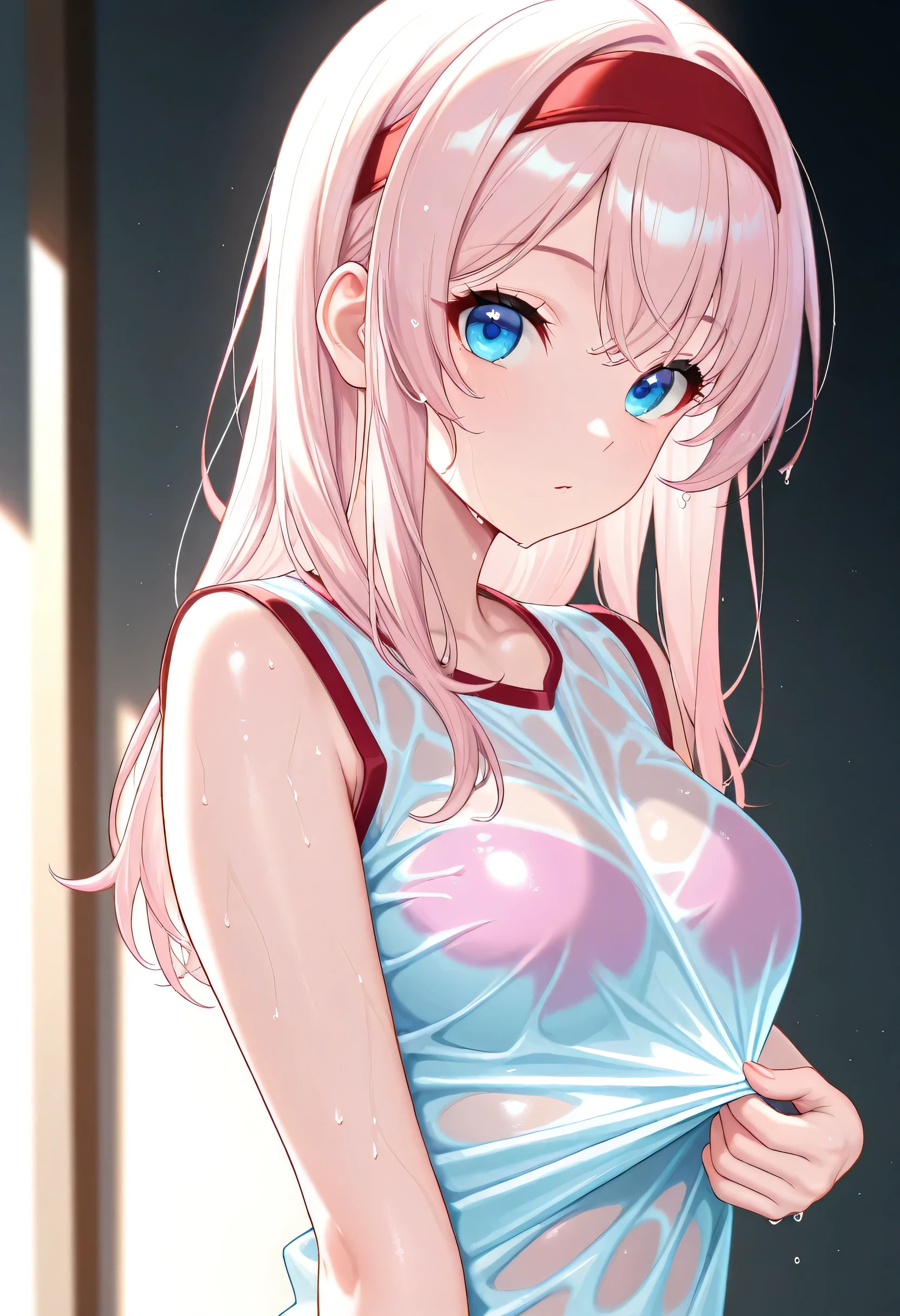 mastute piece,Best Quality,insanely detailed,8k cg,nsfw,
shoot upper body,(body in front:1.1),1girl,standing,looking at viewer,(nudity,see-through pink t-shirt on naked:1.3,bare:1.2),BREAK,blush,shy,ecstasy face,gasping,(trembling:1.2),light blue hair,break,open mouth,bedroom,