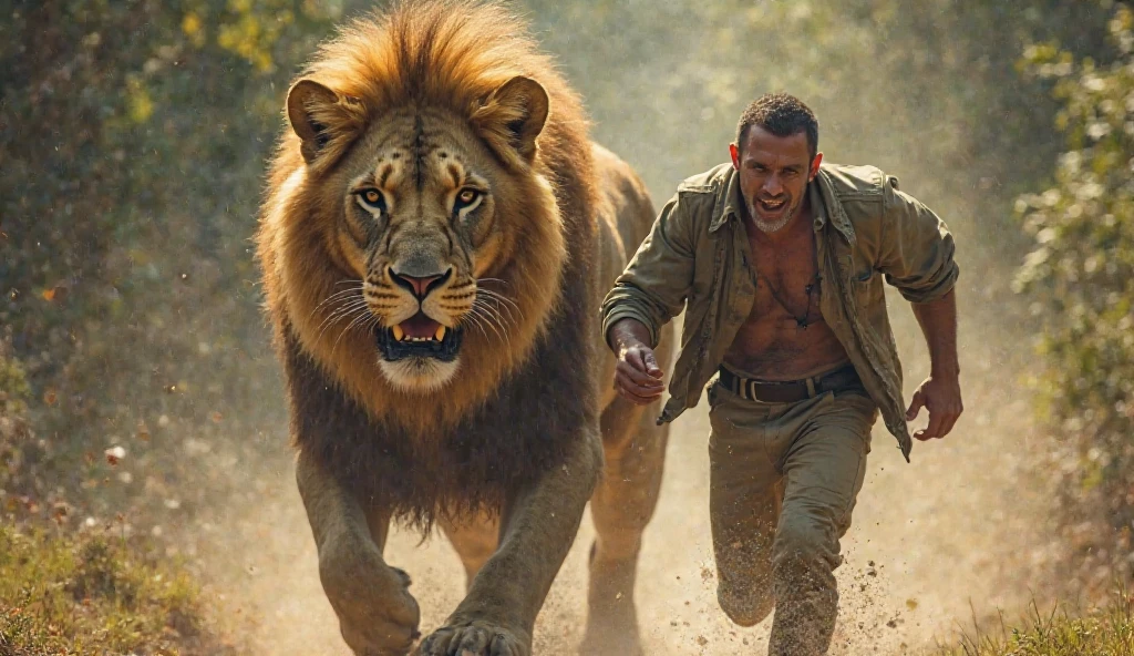 a muscular man with sweat pants on standing in the wilderness with lions standing next to him