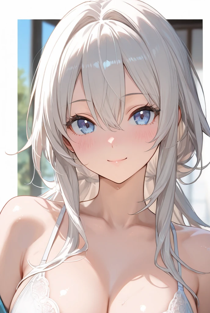 (Masterpiece: 1.2, highest quality), (real photo, intricate details), 1 Lady, Solo, Upper body, Casual, shoulder length hair, Minimal makeup, Natural fabric, Face close-up, Smile, Home, white hair, blue eyes, cat ears,