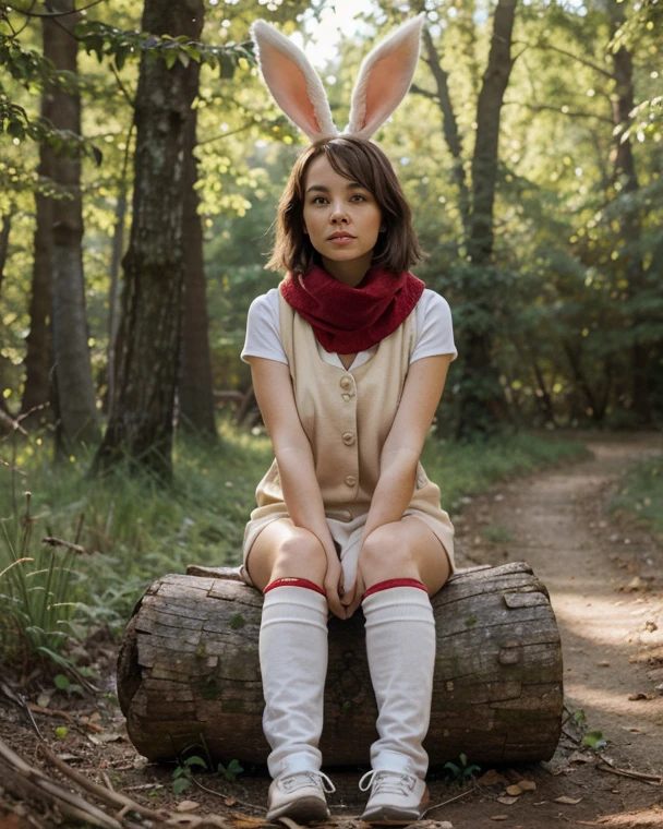 a white-skinned woman with short brown hair in a fluffy orange fox costume with a tail from the butt and ears holds a white plush hare in her hands, In the woods, side view, face turned full face