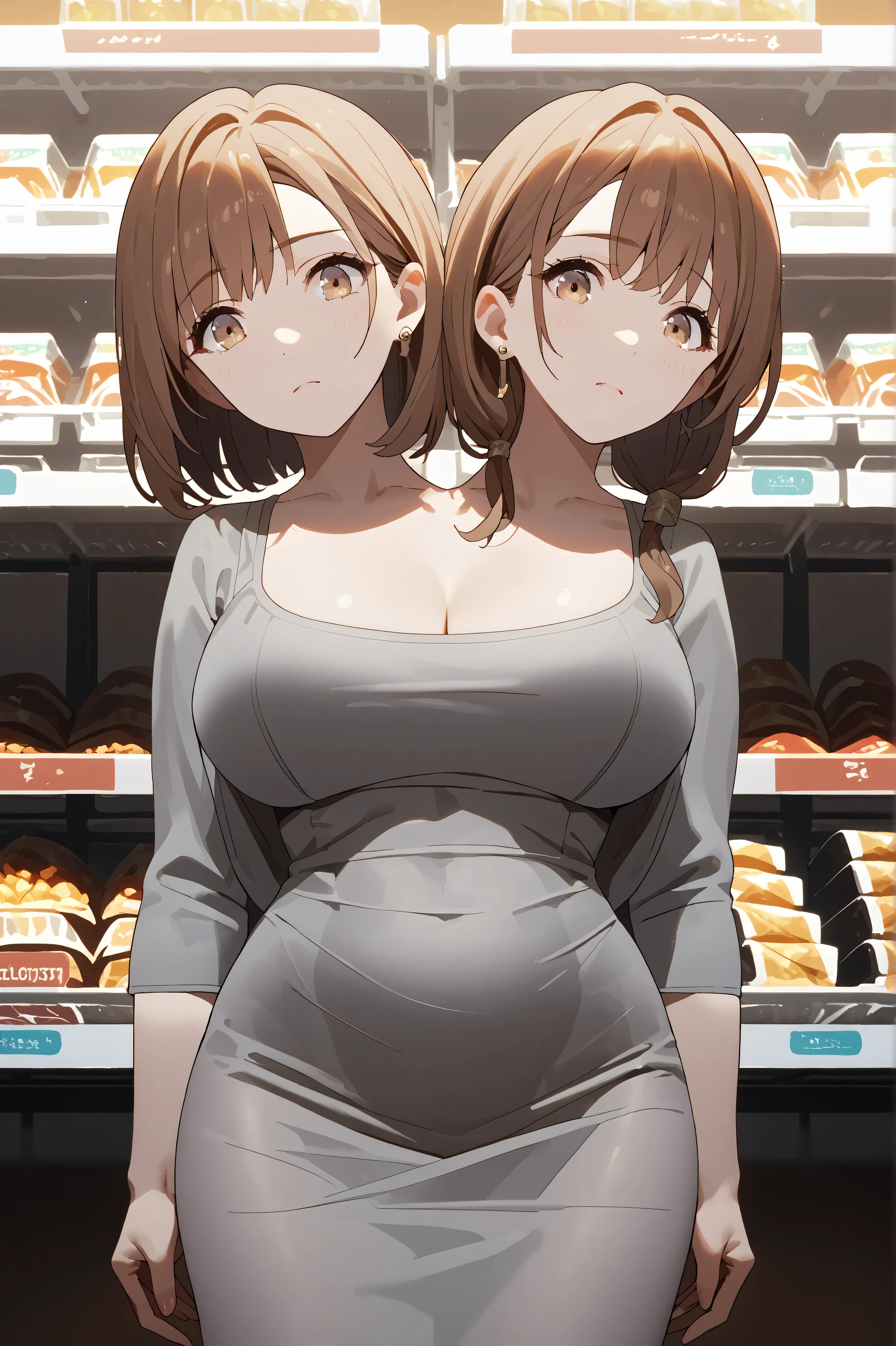 conjoined, 2girls, 2heads, two heads, a tall thin girls with 2 heads, brown hair, grey dress, dongtan dress, black pantyhose, large breasts, front shots, standing, shop